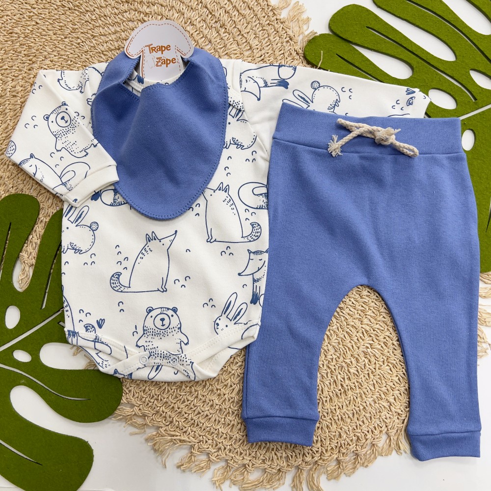 Conj. Body Manga Longa Animais da Floresta e Calça -  Azul Bic