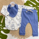 Conj. Body Manga Longa Animais da Floresta e Calça -  Azul Bic