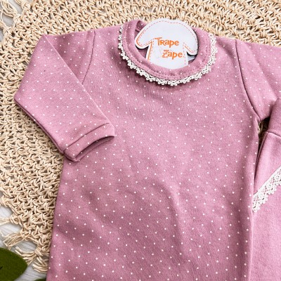 Conj. Body Manga Longa Poá e Calça com Flores Rendadas - Uva