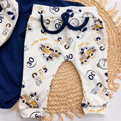 Conj. Body Manga Longa, Babador Bandana e Calça Cool Car  - Marinho e Off White