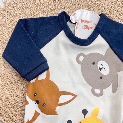 Conj. Body Manga Longa Animais Fofos e Calça - Azul Marinho