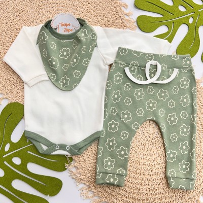 Conj. Body Manga Longa, Babador Bandana e Calça Flores - Verde e Off White