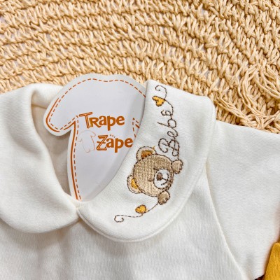 Conj. Body Manga Longa Gola Bordada Ursa Bebê e Calça Poá - Mostarda e Off White