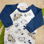Conj. Body Cool Car Manga Longa e Calça - Marinho e Off White