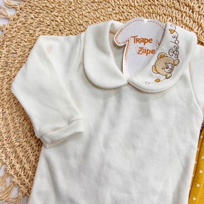 Conj. Body Manga Longa Gola Bordada Ursa Bebê e Calça Poá - Mostarda e Off White