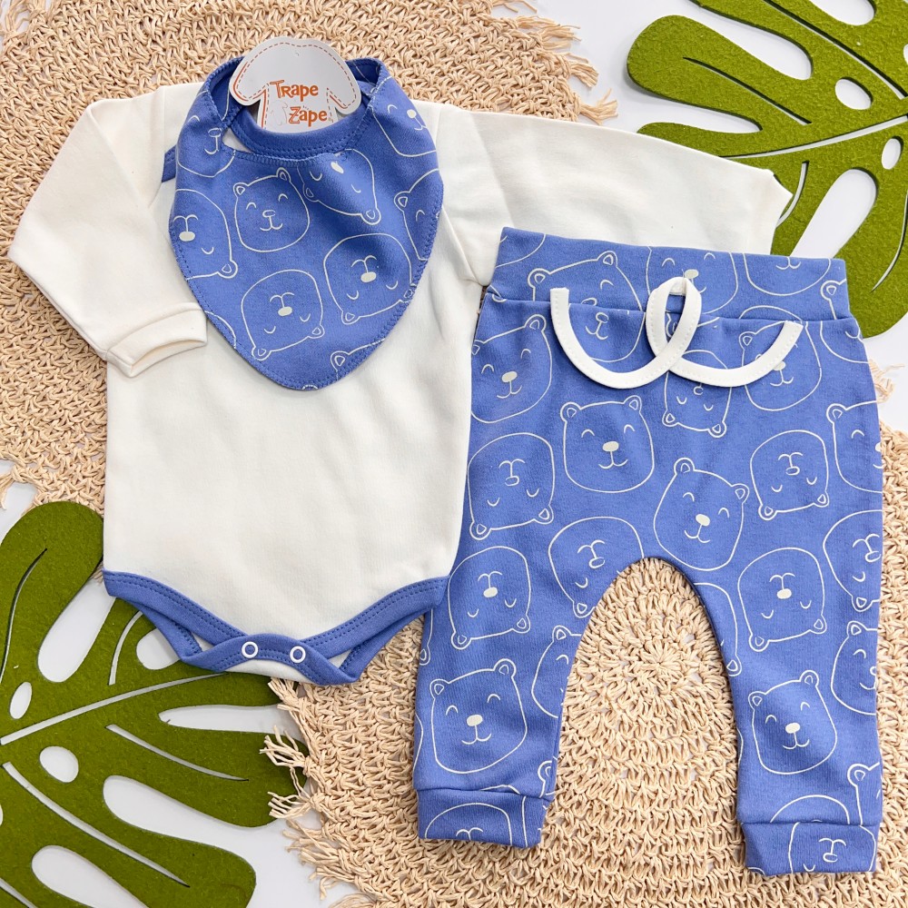 Conj. Body Manga Longa, Babador Bandana e Calça Ursinhos - Azul Bic