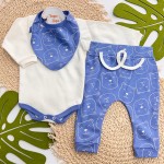 Conj. Body Manga Longa, Babador Bandana e Calça Ursinhos - Azul Bic