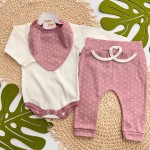 Conj. Body Manga Longa, Babador Bandana e Calça Poá - Uva e Off White