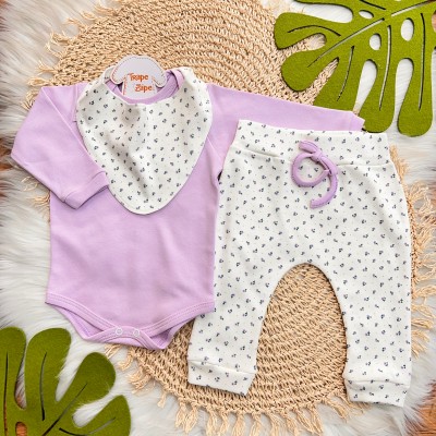Conj. Blusa Manga Longa, Babador Bandana e Calça Rosinhas - Lilás