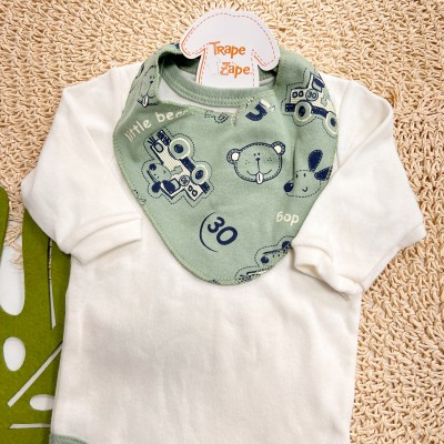 Conj. Body Manga Longa, Babador Bandana e Calça Cool Car - Verde e Off White