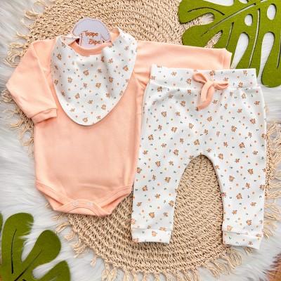 Conj. Body Manga Longa, Babador Bandana e Calça Mini Florzinhas - Salmão