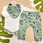 Conj. Body Manga Longa, Babador Bandana e Calça Cool Car - Verde e Off White