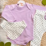 Conj. Blusa Manga Longa, Babador Bandana e Calça Rosinhas - Lilás