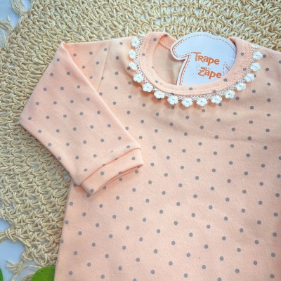 Conj. Body Manga Longa Poá e Calça com Flores Rendadas - Salmão