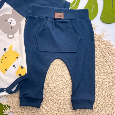 Conj. Body Manga Longa Animais Fofos e Calça - Azul Marinho