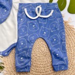 Conj. Body Manga Longa, Babador Bandana e Calça Ursinhos - Azul Bic