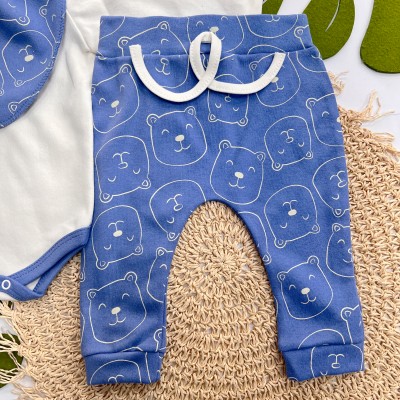 Conj. Body Manga Longa, Babador Bandana e Calça Ursinhos - Azul Bic