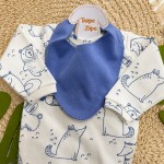Conj. Body Manga Longa, Babador Bandana e Calça Ursinhos - Azul Bic
