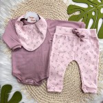 Conj. Body Manga Longa, Babador Bandana e Calça Mini Florzinhas - Uva