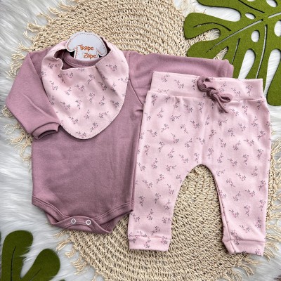 Conj. Body Manga Longa, Babador Bandana e Calça Mini Florzinhas - Uva