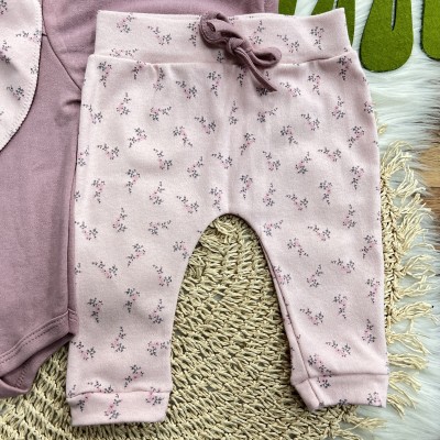 Conj. Body Manga Longa, Babador Bandana e Calça Mini Florzinhas - Uva