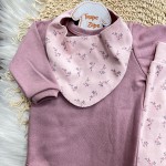 Conj. Body Manga Longa, Babador Bandana e Calça Mini Florzinhas - Uva