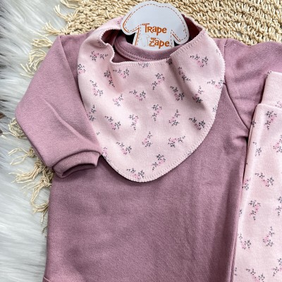 Conj. Body Manga Longa, Babador Bandana e Calça Mini Florzinhas - Uva