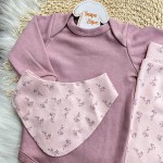 Conj. Body Manga Longa, Babador Bandana e Calça Mini Florzinhas - Uva