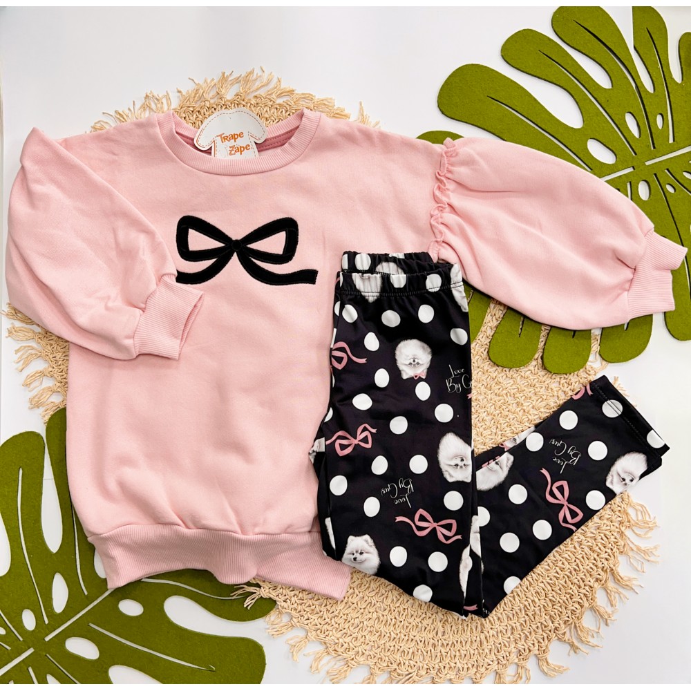 Inverno 2025 - Conj. Casaco Manga Princesa Laço e Legging Cachorrinhos - Rose e Preto