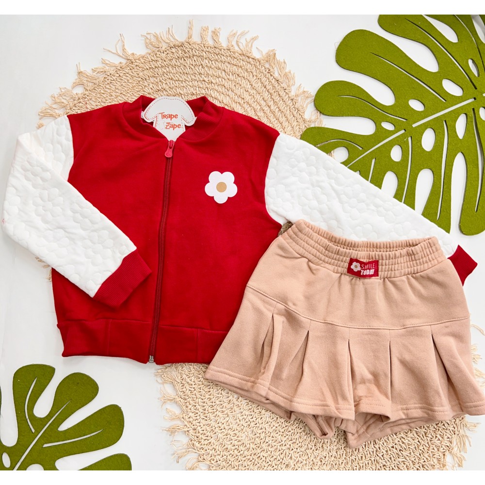 Inverno 2025 - Conj. Jaqueta Bomber "Smile Today" e Short Saia em Moletom - Vermelho e Areia
