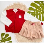 Inverno 2025 - Conj. Jaqueta Bomber "Smile Today" e Short Saia em Moletom - Vermelho e Areia