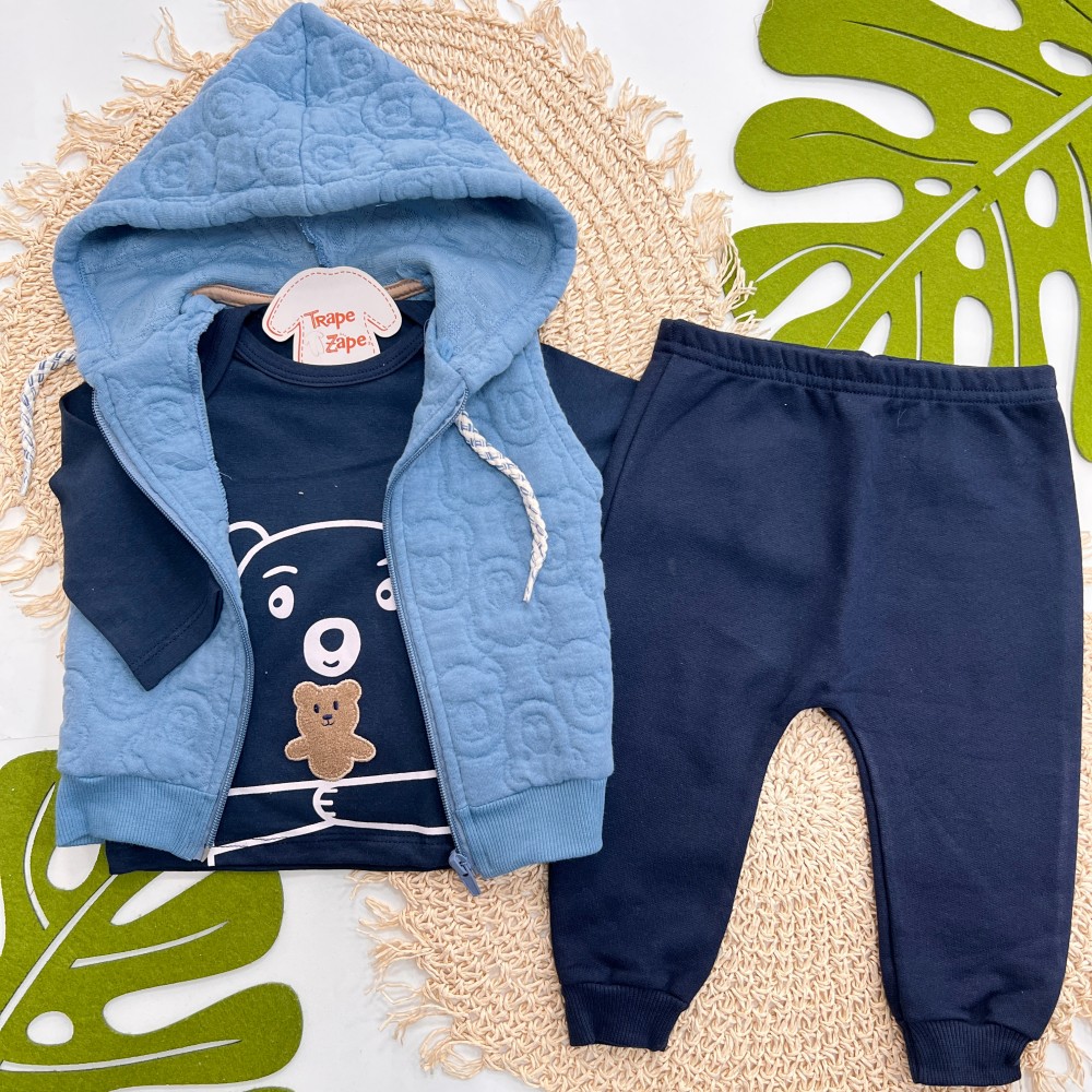 Inverno 2025 - Conj. Colete Ursinhos, Blusa Manga Longa e Calça em Moletom - Azul Jeans e Marinho
