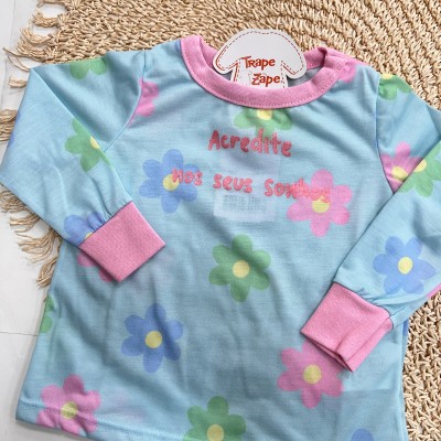 Inverno 2025 - Pijama Irmã Menor Floral "Acredite nos seus Sonhos - Azul e Rosa