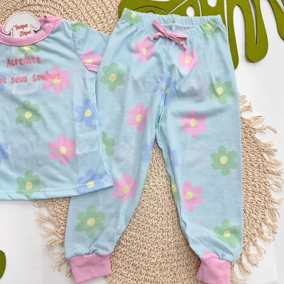 Inverno 2025 - Pijama Irmã Menor Floral "Acredite nos seus Sonhos - Azul e Rosa
