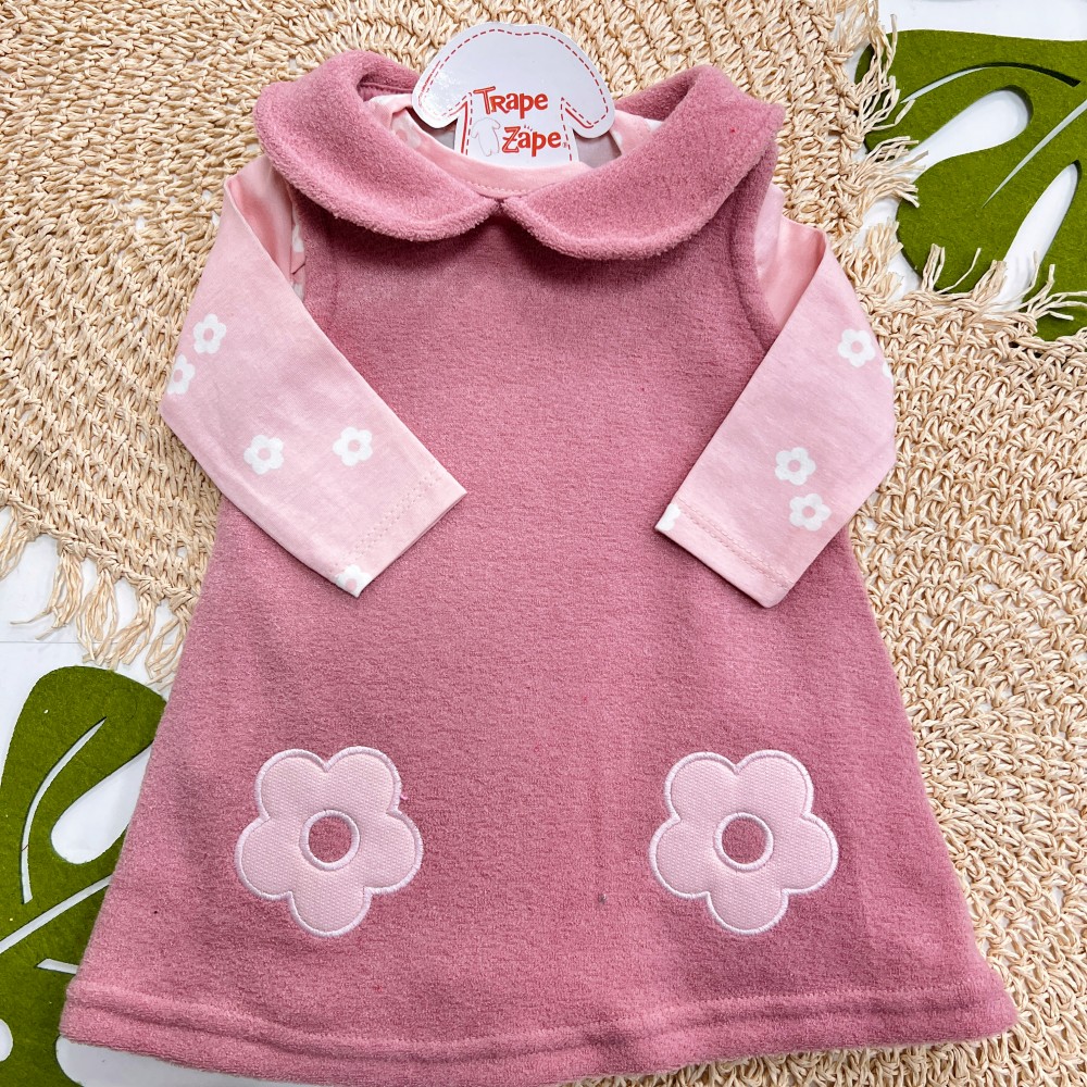 Inverno 2025 - Conj. Body Florzinhas e Salopete em Fleece - Rose e Rosa