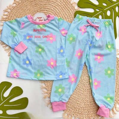 Inverno 2025 - Pijama Irmã Menor Floral "Acredite nos seus Sonhos - Azul e Rosa