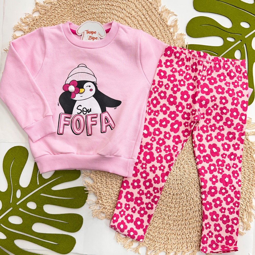 Inverno 2025 - Conj. Casaco Pinguim Fofa e Legging Floral - Rosa