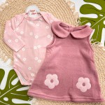 Inverno 2025 - Conj. Body Florzinhas e Salopete em Fleece - Rose e Rosa
