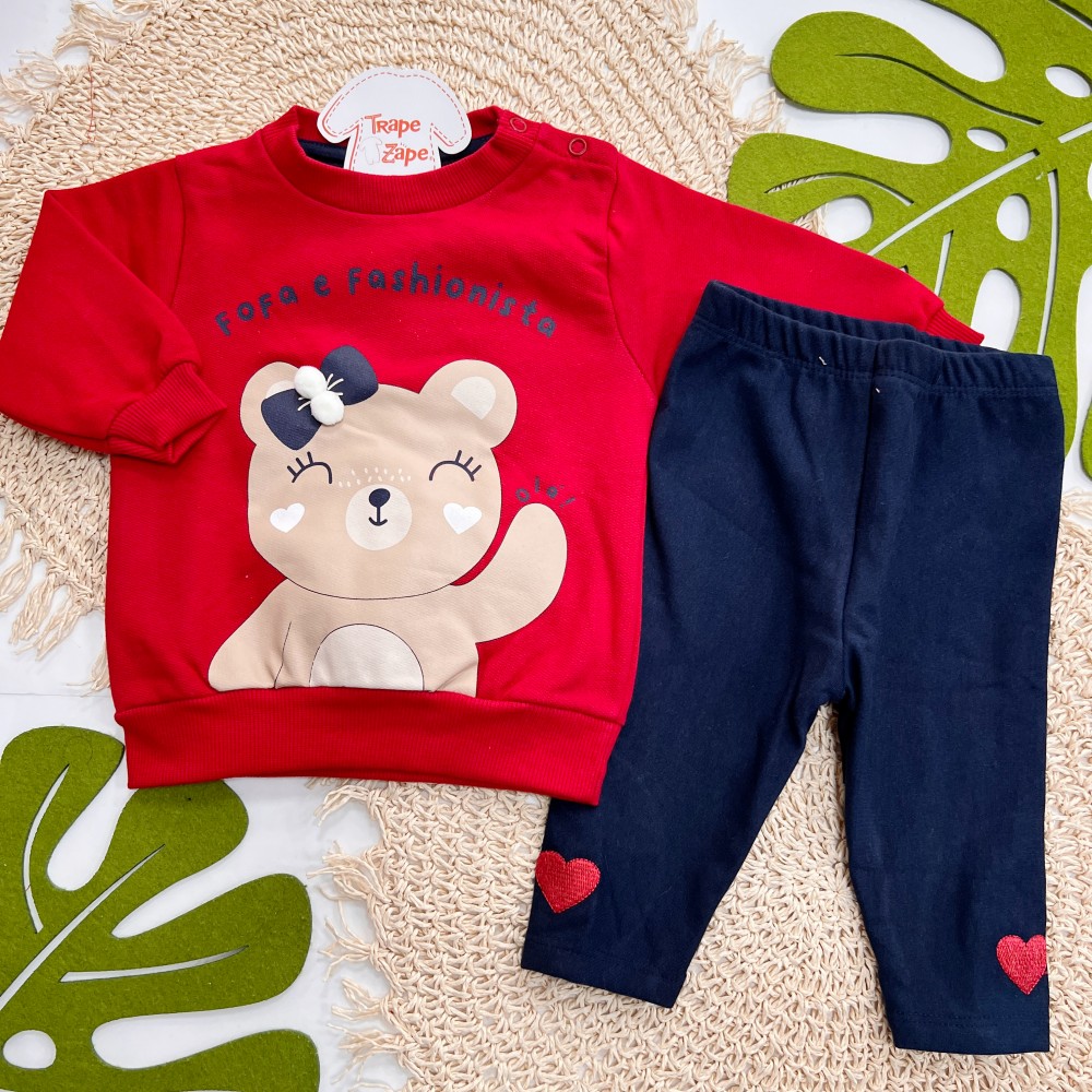 Inverno 2025 - Conj. Casaco "Fofa e Fashionista" e Legging - Vermelho e Marinho