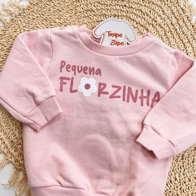Inverno 2025 - Conj. Casaco Pequena Florzinha e Calça de Moletom - Rose