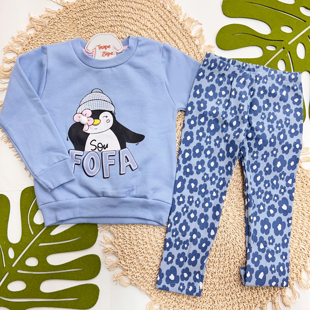  Inverno 2025 - Conj. Casaco Pinguim Fofa e Legging Floral - Azul Claro