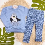  Inverno 2025 - Conj. Casaco Pinguim Fofa e Legging Floral - Azul Claro
