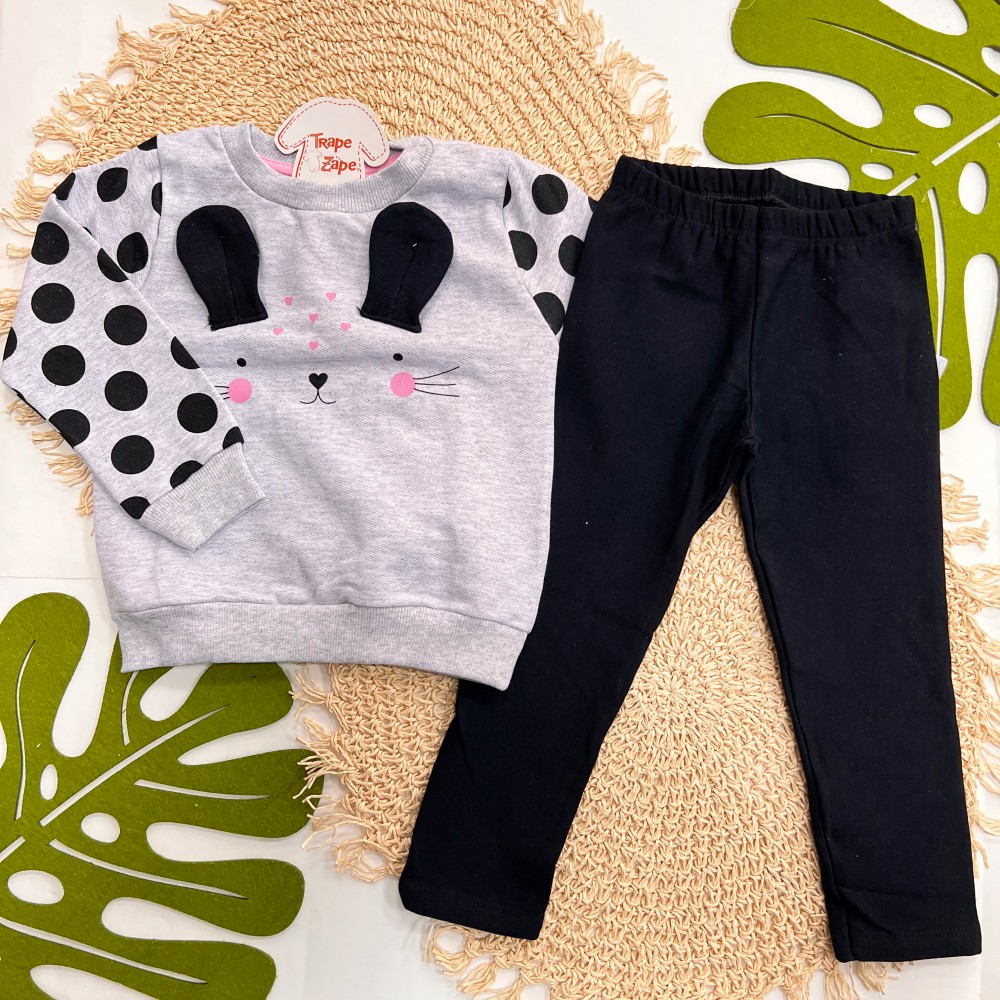 Inverno 2025 - Conj. Casaco Coelha e Calça Legging - Mescla e Preto