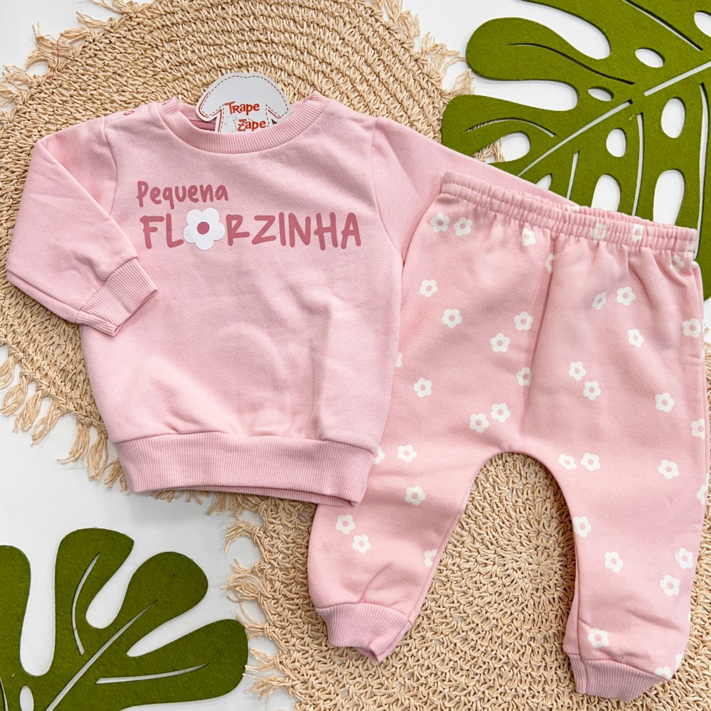 Inverno 2025 - Conj. Casaco Pequena Florzinha e Calça de Moletom - Rose