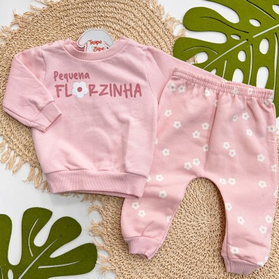 Inverno 2025 - Conj. Casaco Pequena Florzinha e Calça de Moletom - Rose