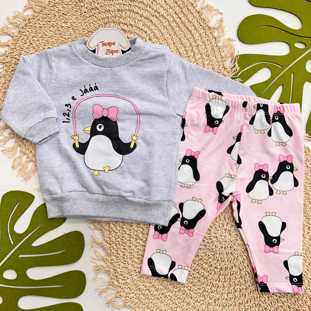 Inverno 2025 - Conj. Casaco Pinguim de Lacinho "1,2,3 e Jááá" e Legging - Mescla e Rosa