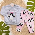 Inverno 2025 - Conj. Casaco Pinguim de Lacinho "1,2,3 e Jááá" e Legging - Mescla e Rosa