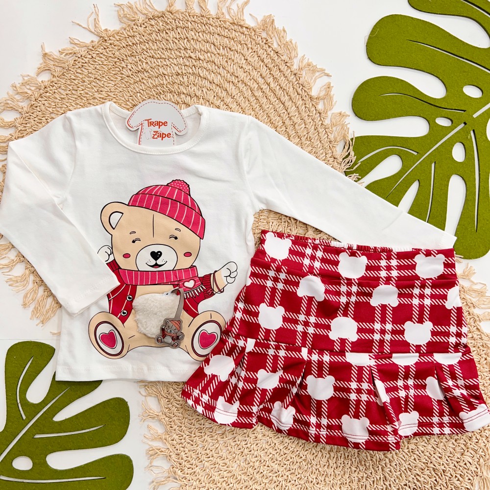 Inverno 2025 - Conj. Blusa Ursa e Short Saia - Vermelho