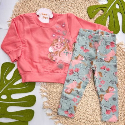 Inverno 2025 - Conj. Casaco Pônei e Legging Floral - Goiaba e Verde 