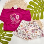 Inverno 2025 - Conj. Blusa Gola Alta e Short Saia com Flores - Uva e Areia